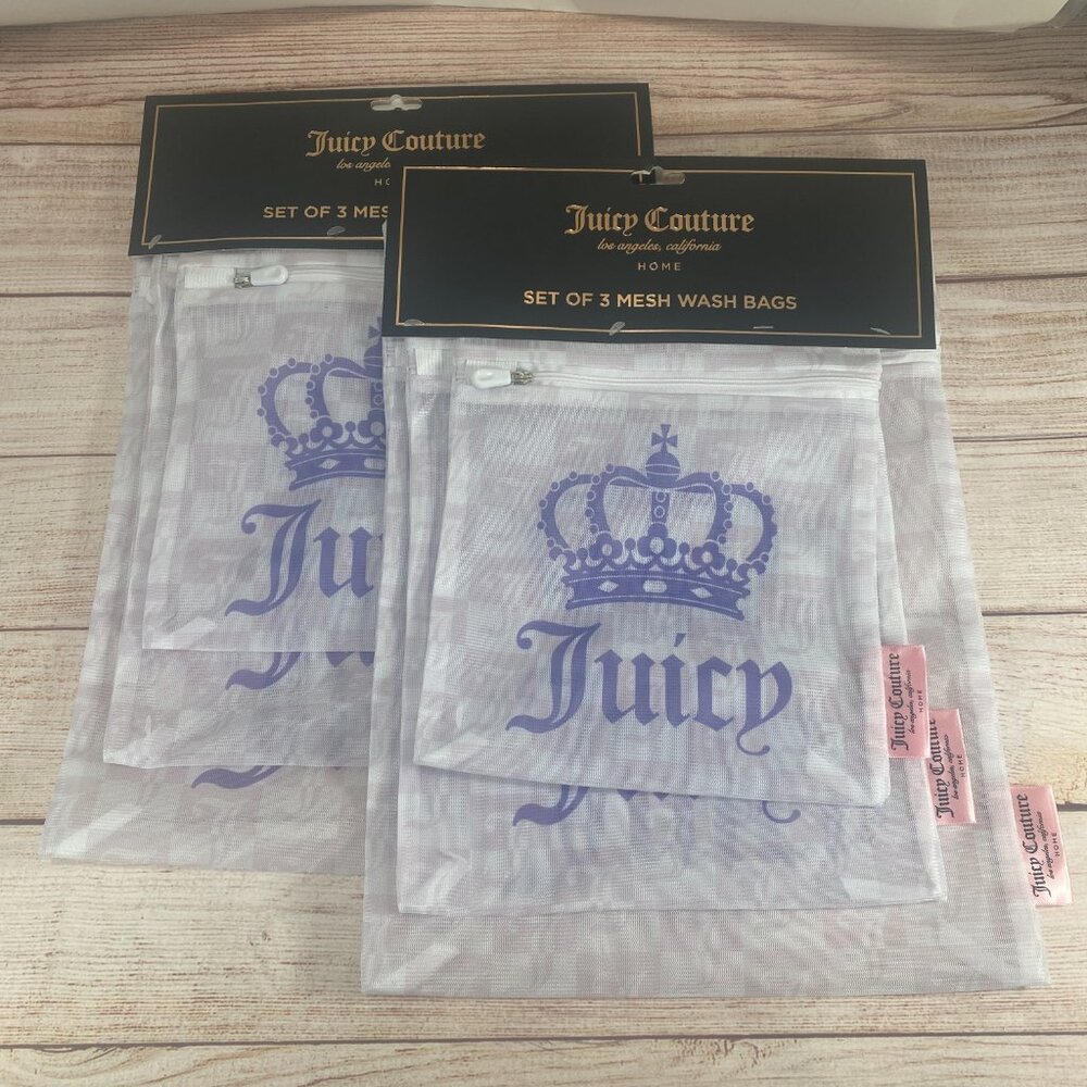 Lot of 2 Juicy Couture Set of 3 Mesh Wash Bags purple Checkered Laundry Bag NWT